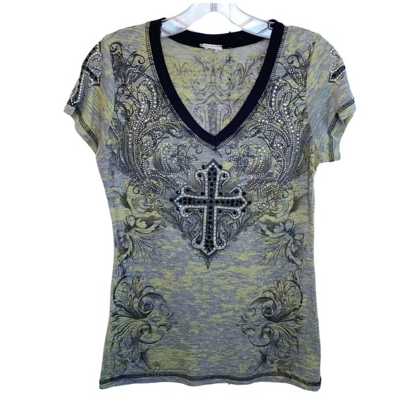 Blingy Cross Tee V-Neck Short Sleeve Small - Picture 1 of 7